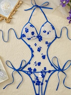 New Sheer White And Blue Floral Cutout Halter Teddy Sexy Lingerie Size M